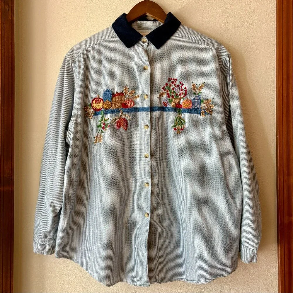 VTG Casey & Max Fall Baking Striped Button Down Shirt Pumpkins Apples Flour XXL - Picture 7 of 12